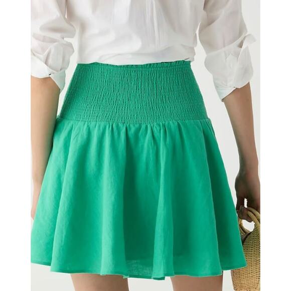 J.Crew Linen Smocked High Waist Flared Mini Skirt Bright Green Women's Size XS - Picture 2 of 5